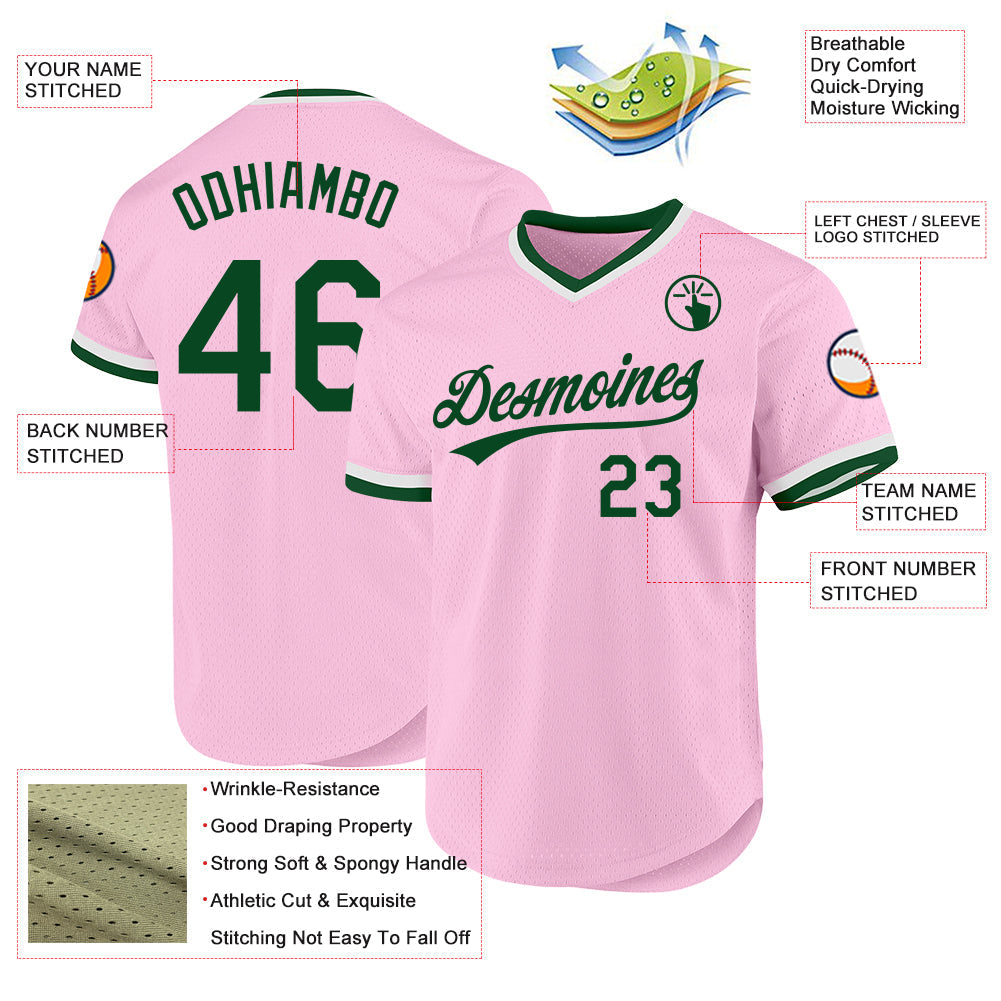 Custom Light Pink Green-White Authentic Throwback Baseball Jersey baseball jersey product view 3