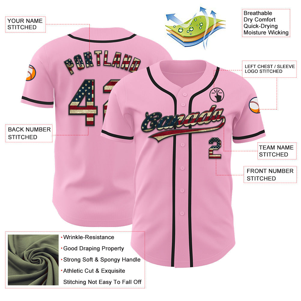 Custom Light Pink Vintage USA Flag-Black Authentic Baseball Jersey baseball jersey product view 3