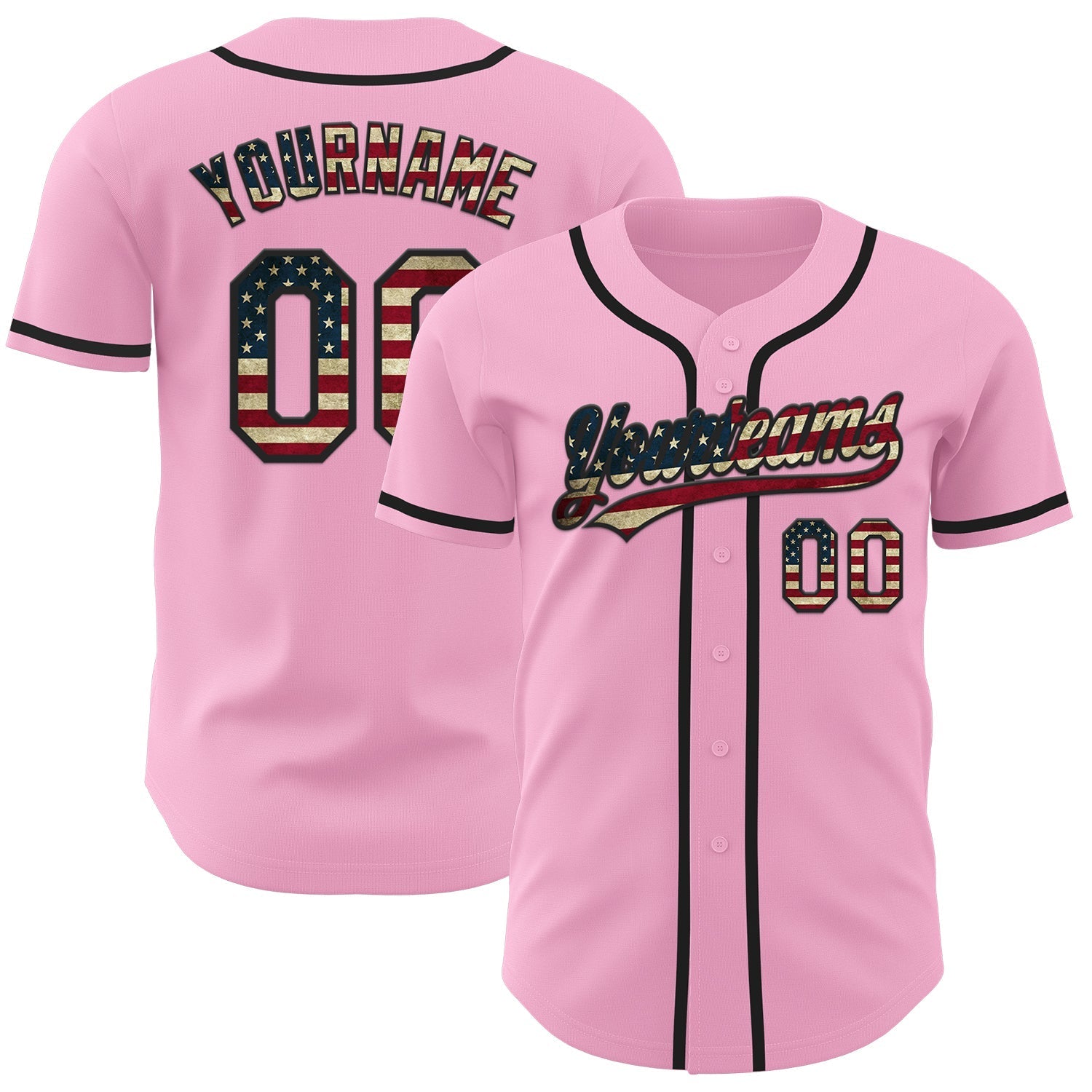 Custom Light Pink Vintage USA Flag-Black Authentic Baseball Jersey baseball jersey product view 1
