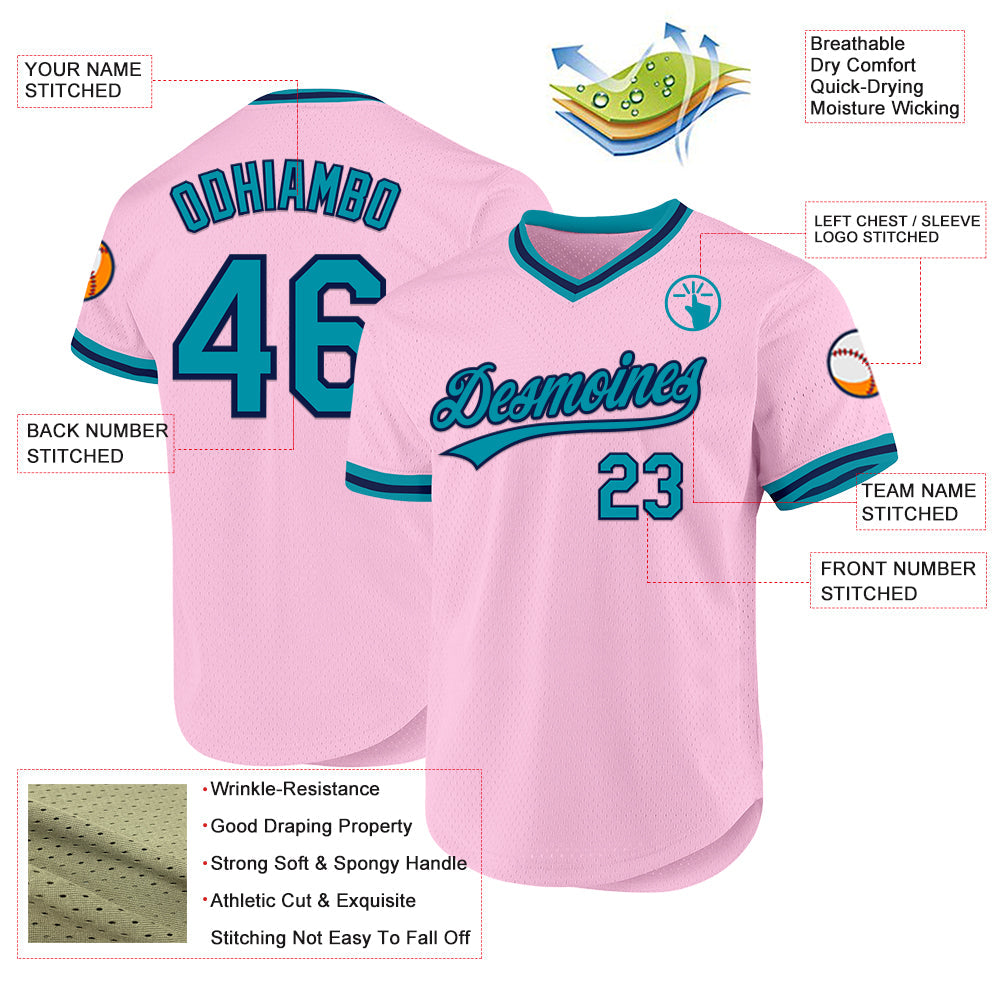 Custom Light Pink Teal-Navy Authentic Throwback Baseball Jersey baseball jersey product view 3
