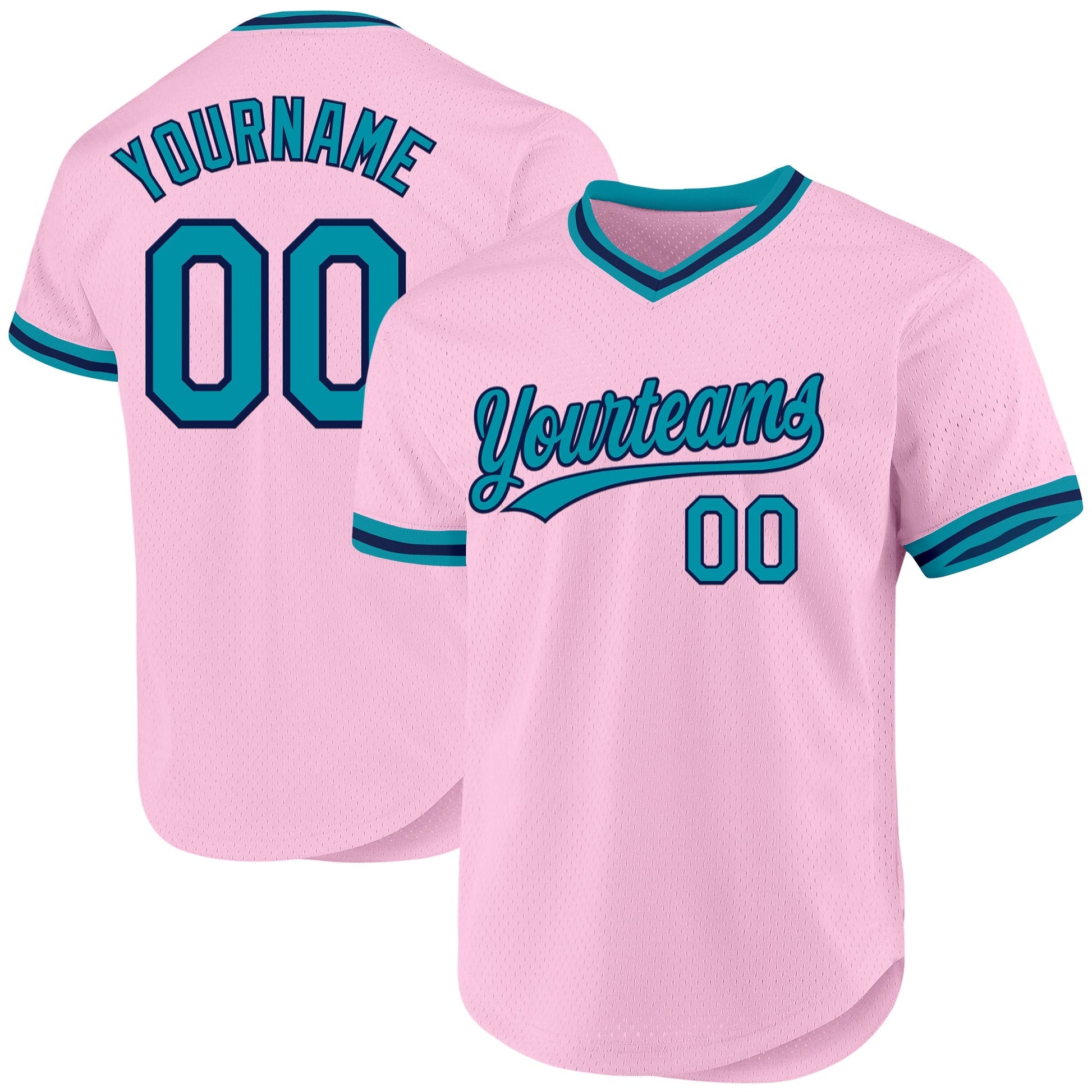 Custom Light Pink Teal-Navy Authentic Throwback Baseball Jersey baseball jersey product view 1