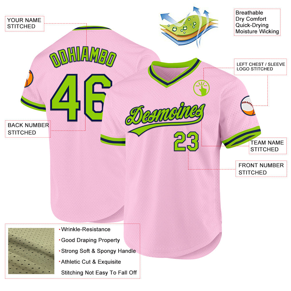 Custom Light Pink Neon Green-Navy Authentic Throwback Baseball Jersey baseball jersey product view 3