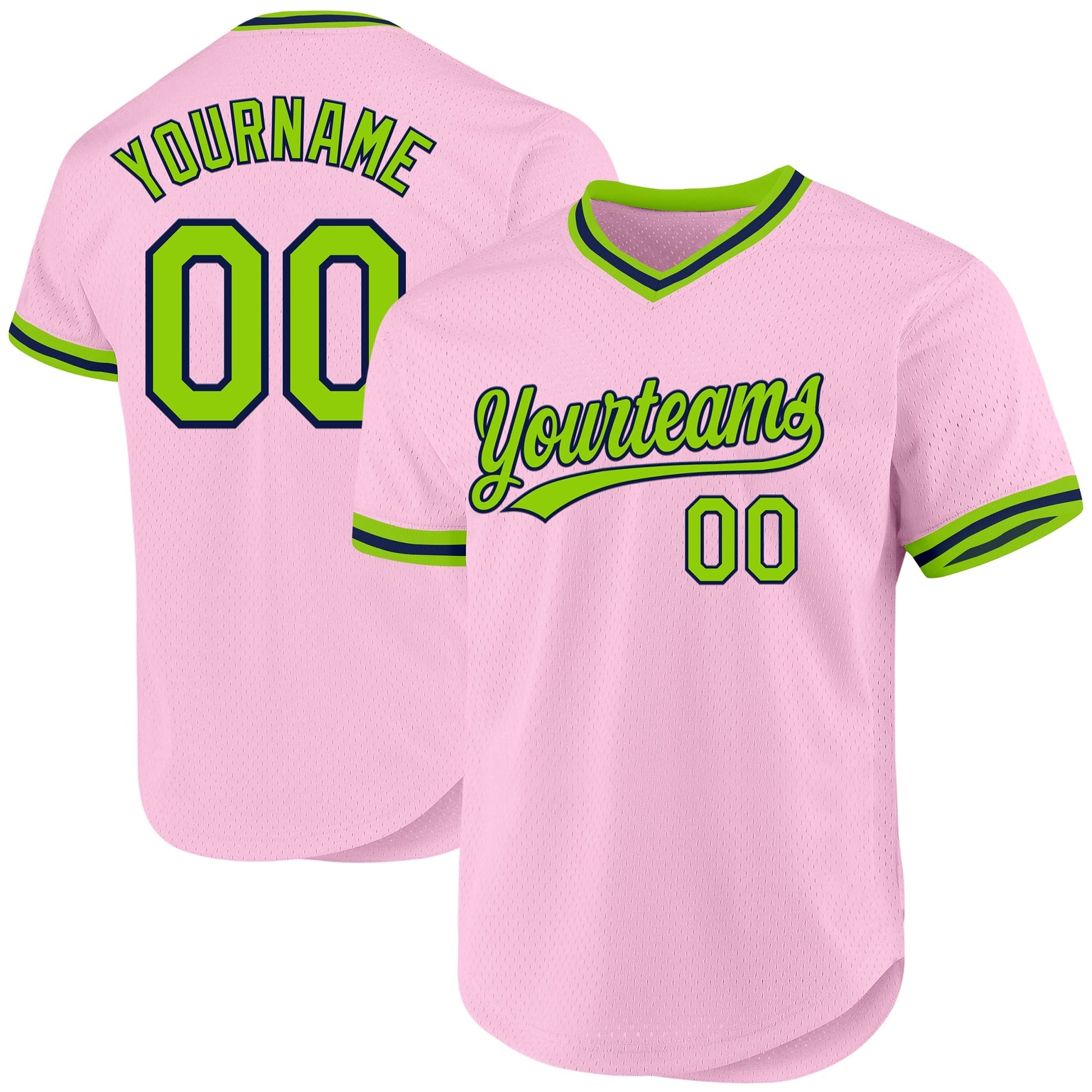Custom Light Pink Neon Green-Navy Authentic Throwback Baseball Jersey baseball jersey product view 1