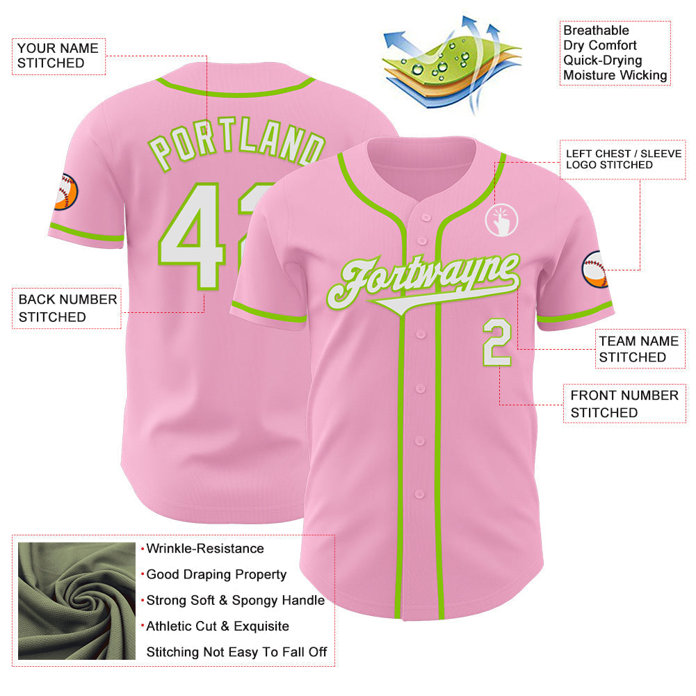 Custom Light Pink White-Neon Green Authentic Baseball Jersey baseball jersey product view 3
