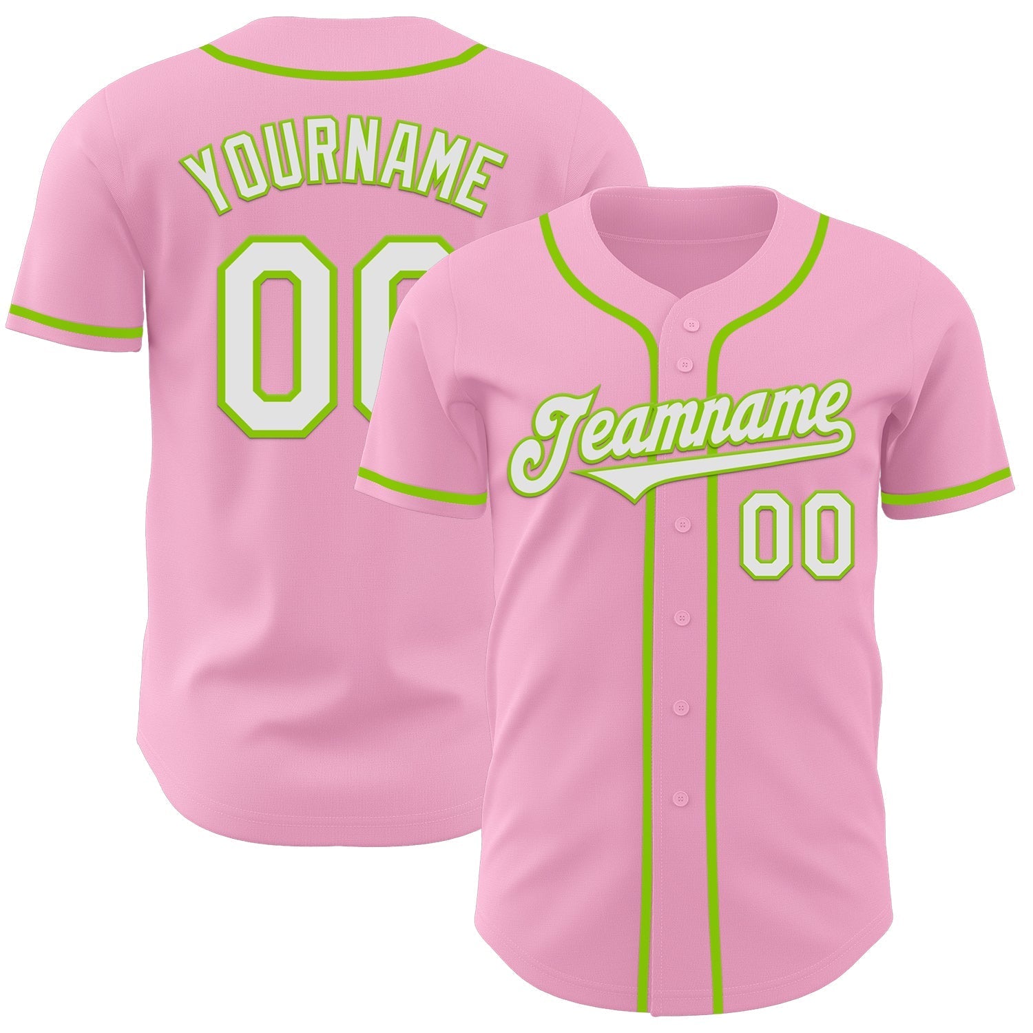 Custom Light Pink White-Neon Green Authentic Baseball Jersey baseball jersey product view 1