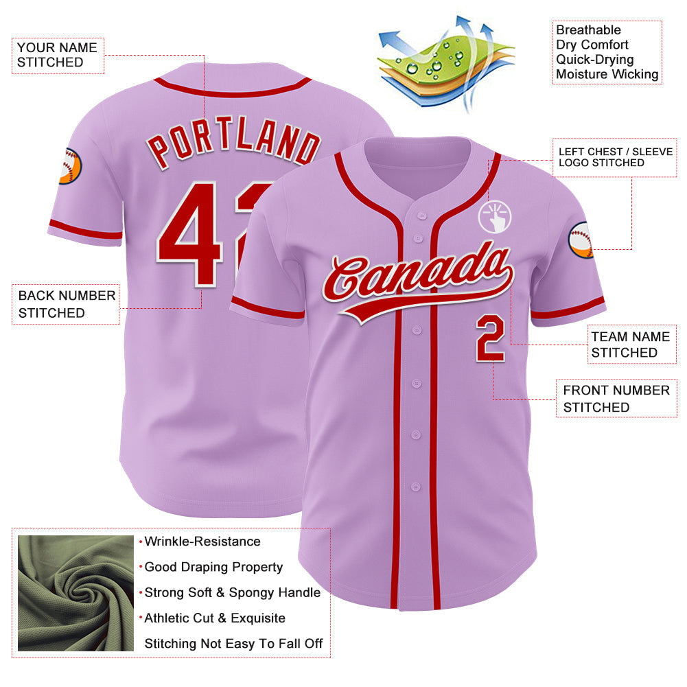 Custom Light Purple Red-White Authentic Baseball Jersey baseball jersey product view 3