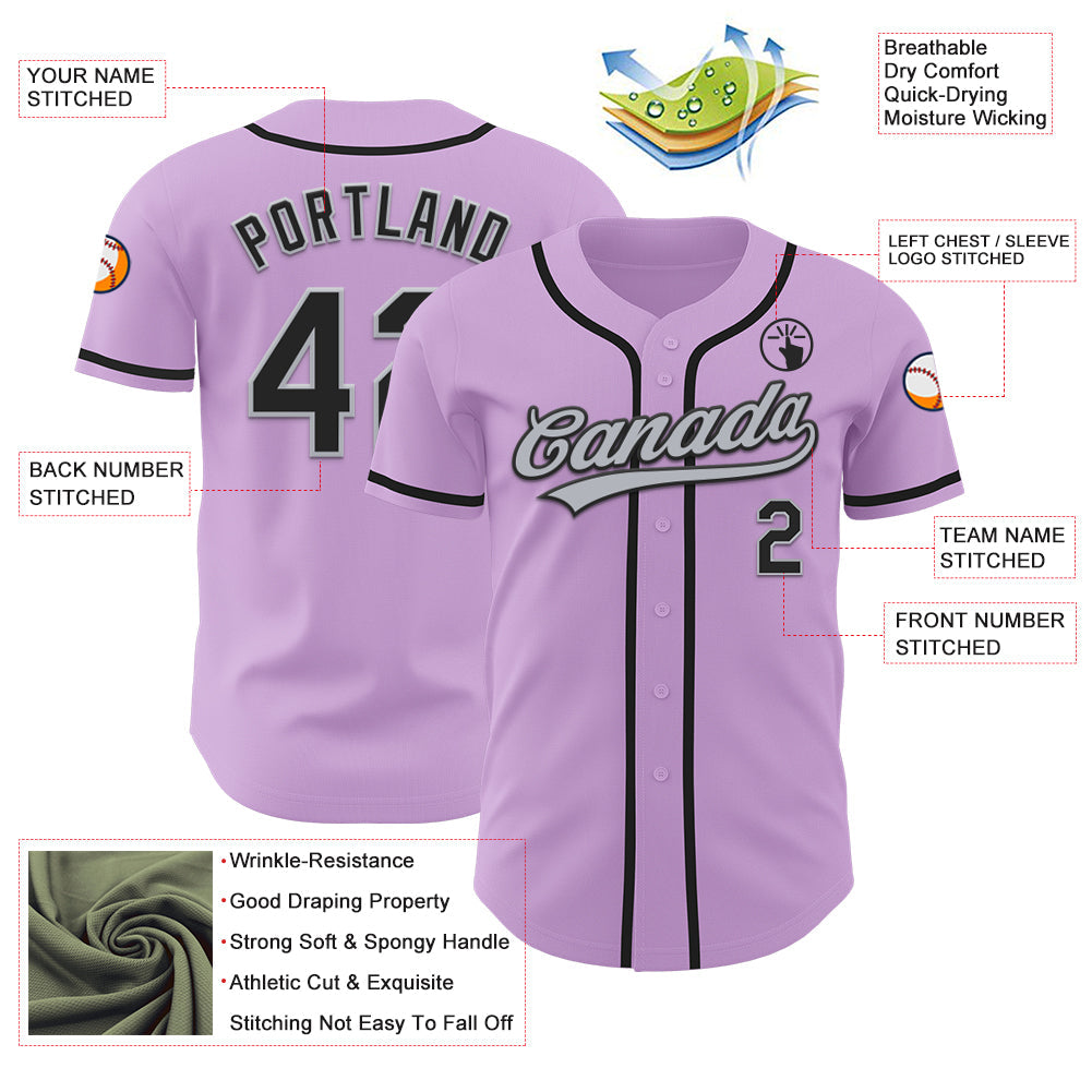Custom Light Purple Black-Gray Authentic Baseball Jersey baseball jersey product view 3