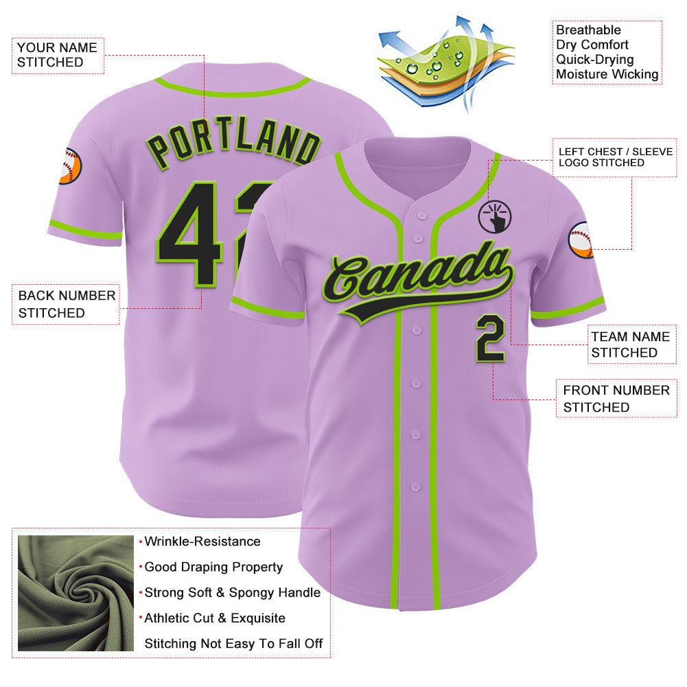 Custom Light Purple Black-Neon Green Authentic Baseball Jersey baseball jersey product view 3