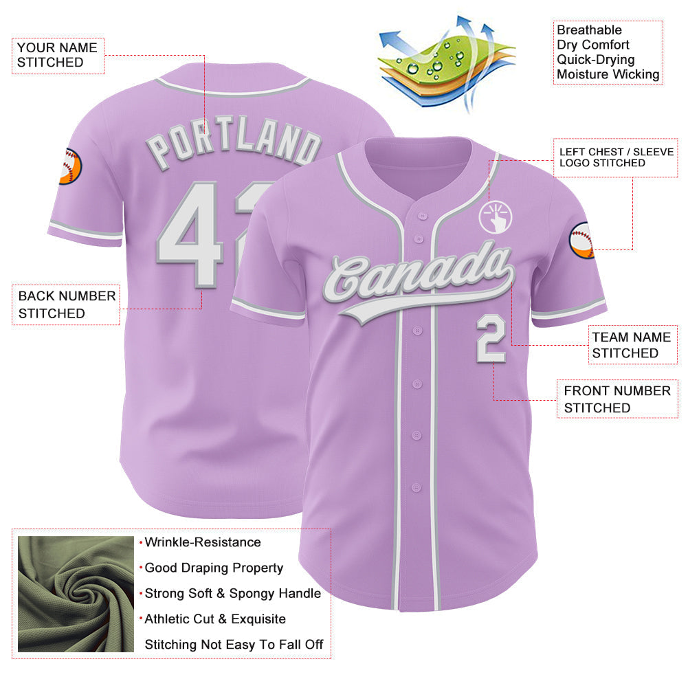 Custom Light Purple White-Gray Authentic Baseball Jersey baseball jersey product view 3