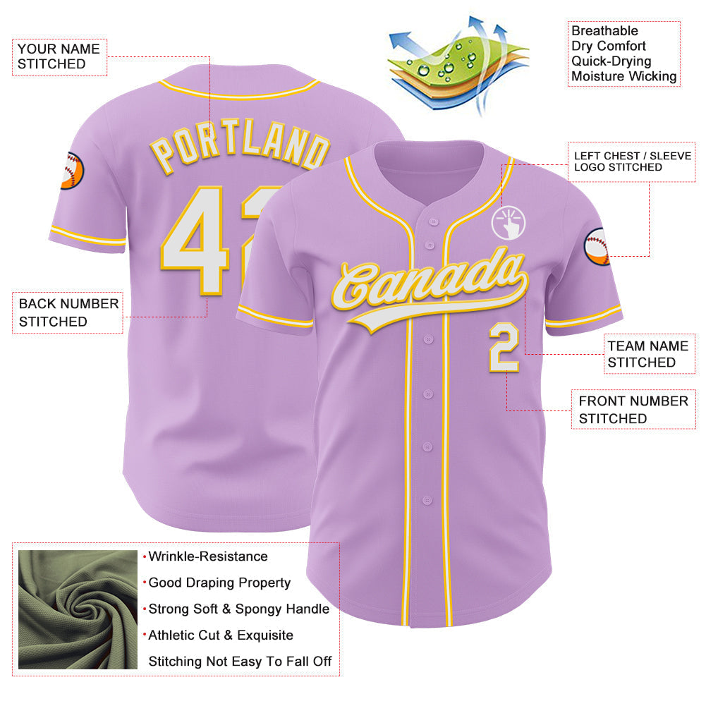 Custom Light Purple White-Yellow Authentic Baseball Jersey baseball jersey product view 3