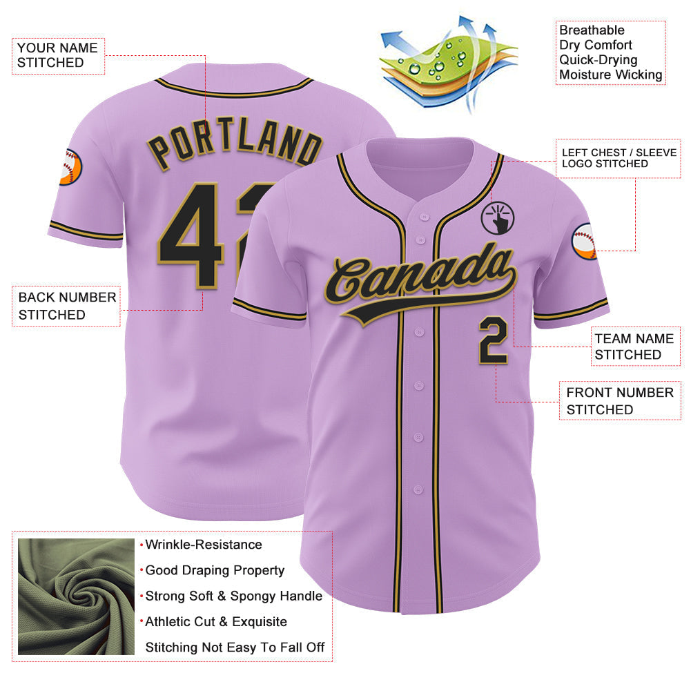 Custom Light Purple Black-Old Gold Authentic Baseball Jersey baseball jersey product view 3