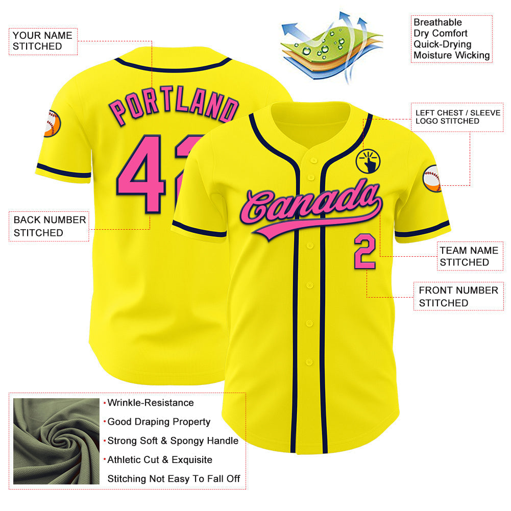 Custom Light Yellow Pink-Navy Authentic Baseball Jersey baseball jersey product view 3