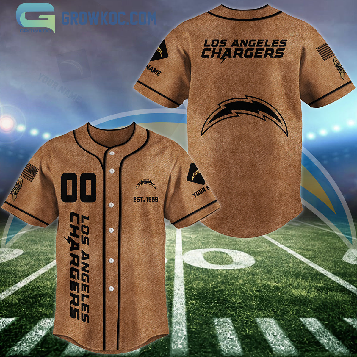 Los Angeles Chargers Brown American Flag Personalized Baseball Jersey baseball jersey product view 1