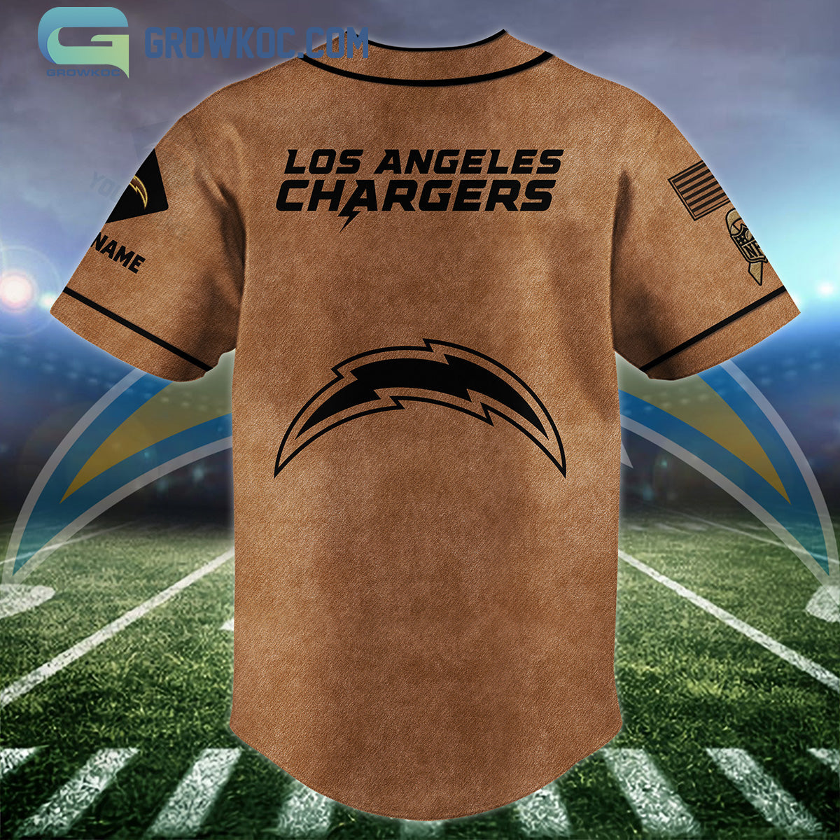 Los Angeles Chargers Brown American Flag Personalized Baseball Jersey baseball jersey product view 2