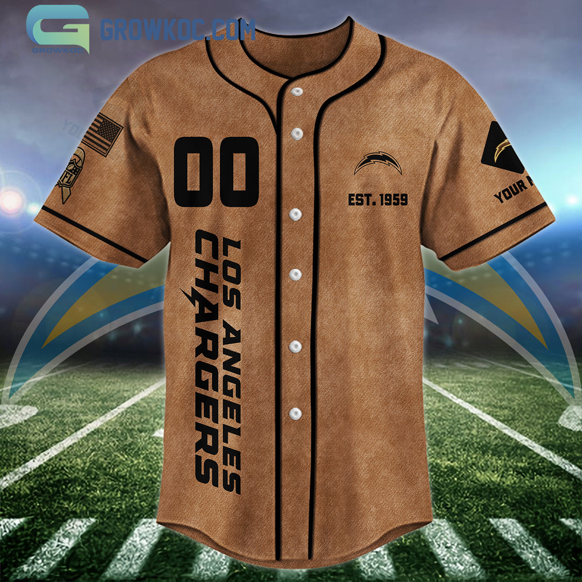 Los Angeles Chargers Brown American Flag Personalized Baseball Jersey baseball jersey product view 3