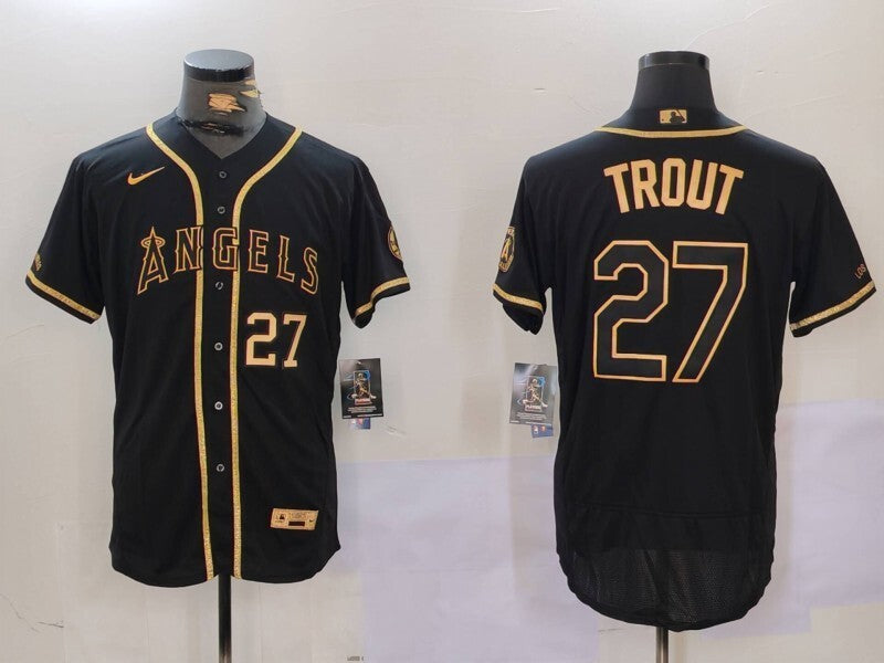 Los Angeles Angels #27 Mike Trout Angels Gold Text Style 2 Baseball Jersey baseball jersey product view 1