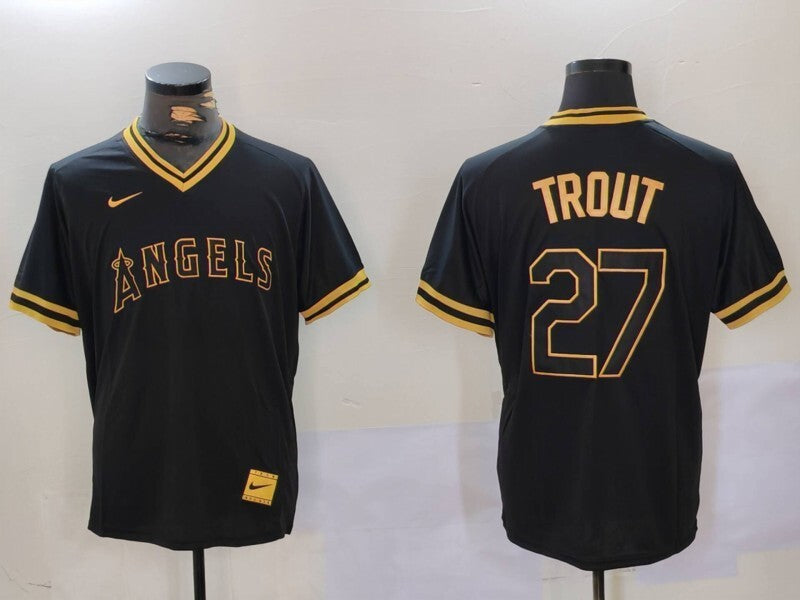 Los Angeles Angels #27 Mike Trout Angels Gold Text Style 4 Baseball Jersey baseball jersey product view 1