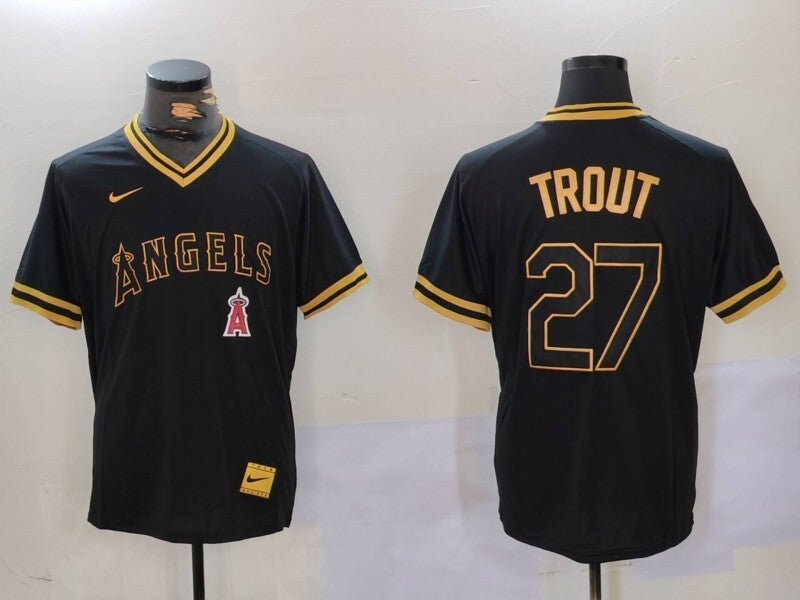 Los Angeles Angels #27 Mike Trout Angels Gold Text Style 7 Baseball Jersey baseball jersey product view 1