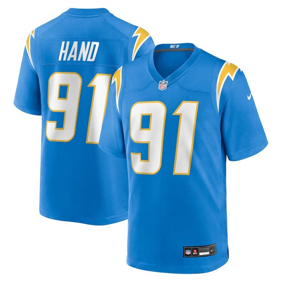 Los Angeles Chargers #91 Da'Shawn Hand Team Game Jersey - Powder Blue Football Jersey football jersey product view 1