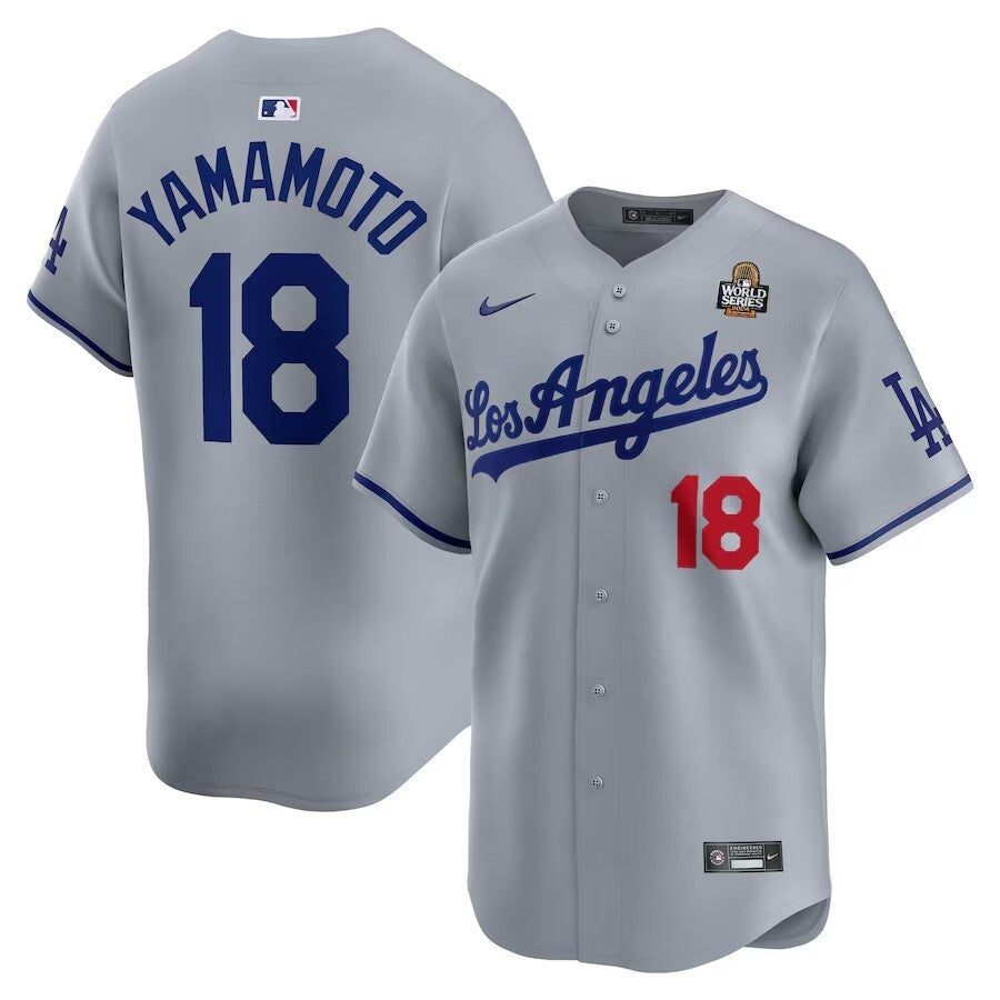 Los Angeles Dodgers #18 Yoshinobu Yamamoto 2024 World Series Road Limited Player Jersey - Gray baseball jersey product view 1