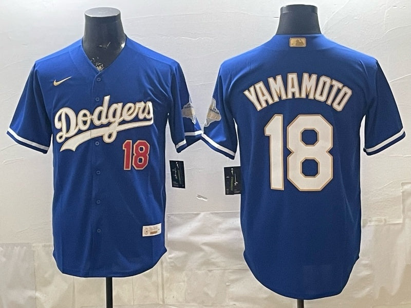 Los Angeles Dodgers #18 Yoshinobu Yamamoto Dodgers Blue Gold V2 Baseball Jersey baseball jersey product view 1