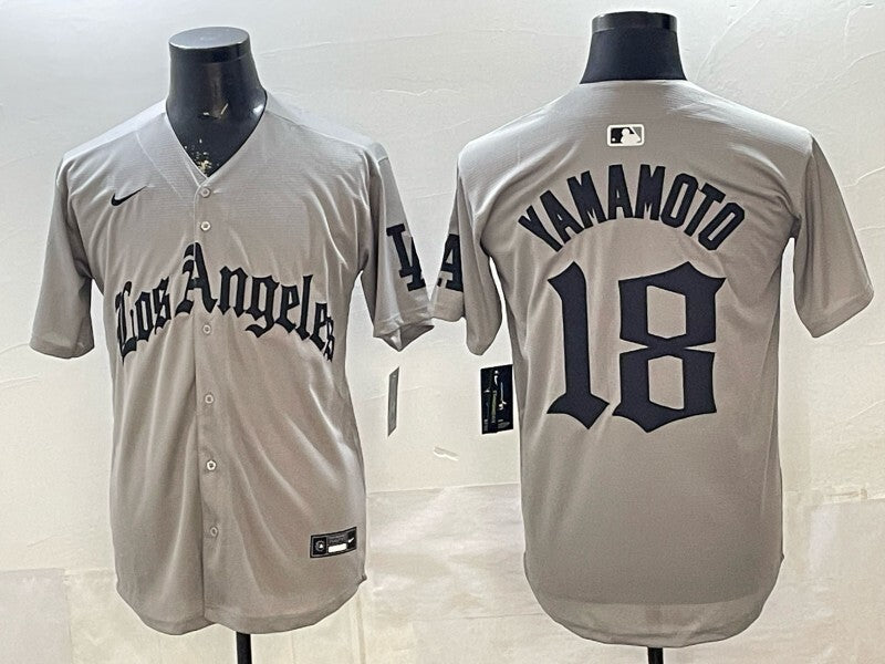 Los Angeles Dodgers #18 Yoshinobu Yamamoto Dodgers Gray 5 Edition Style 1 Baseball Jersey baseball jersey product view 1