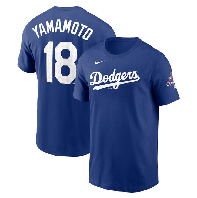 Los Angeles Dodgers #18 Yoshinobu Yamamoto Royal 2024 World Series Champions Name & Baseball Jersey baseball jersey product view 1