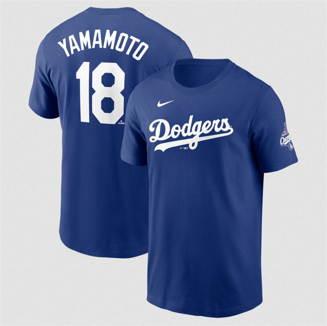 Los Angeles Dodgers #18 Yoshinobu Yamamoto Royal 2025 World Series Champions Name & Baseball Jersey baseball jersey product view 1