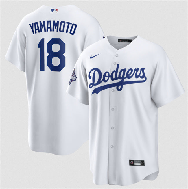 Los Angeles Dodgers #18 Yoshinobu Yamamoto White 2025 World Series Champions Patch Baseball Jersey baseball jersey product view 1