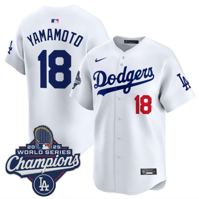 Los Angeles Dodgers #18 Yoshinobu Yamamoto White 2025 World Series Champions Patch2 Baseball Jersey baseball jersey product view 1