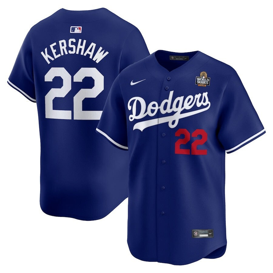 Los Angeles Dodgers #22 Clayton Kershaw 2024 World Series Home Limited Player Jersey - Royal baseball jersey product view 1