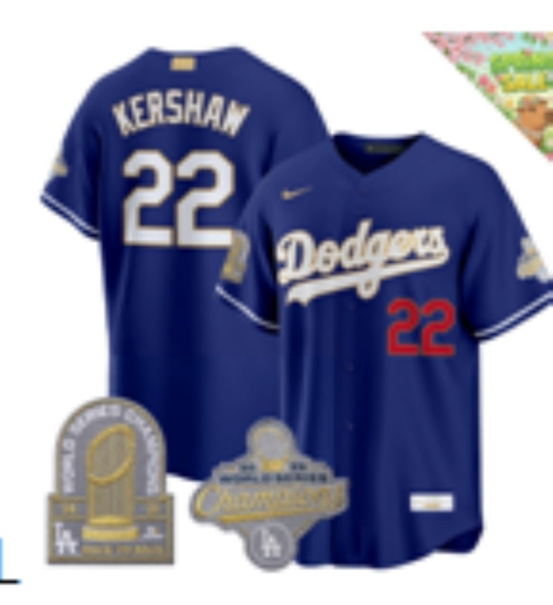 Los Angeles Dodgers #22 Clayton Kershaw Dodgers Blue Gold V2 Baseball Jersey baseball jersey product view 1