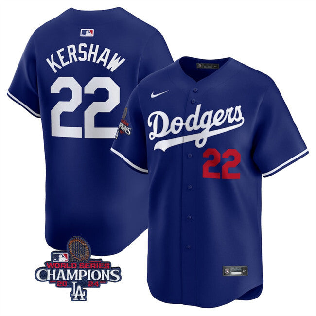 Los Angeles Dodgers #22 Clayton Kershaw Royal 2024 World Series Champions Baseball Jersey baseball jersey product view 1