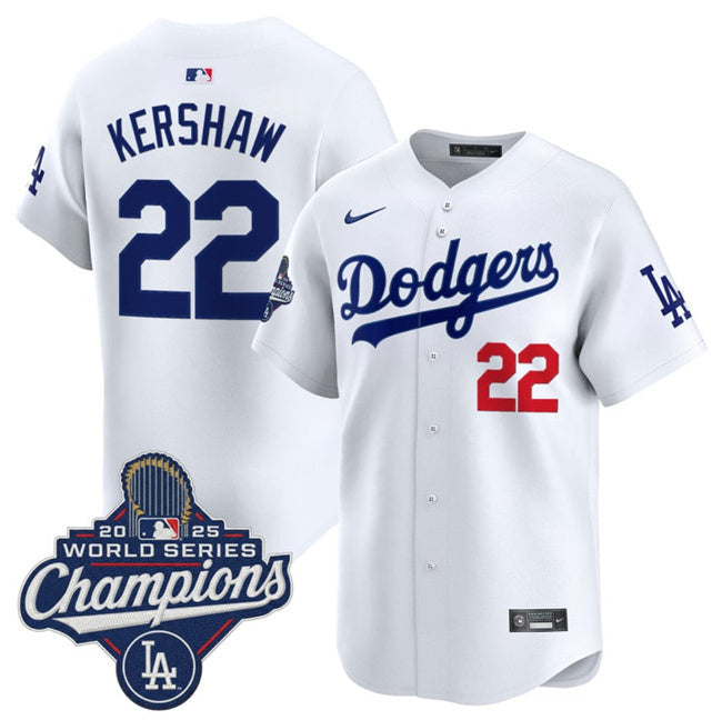 Los Angeles Dodgers #22 Clayton Kershaw White 2025 World Series Champions Patch Baseball Jersey baseball jersey product view 1