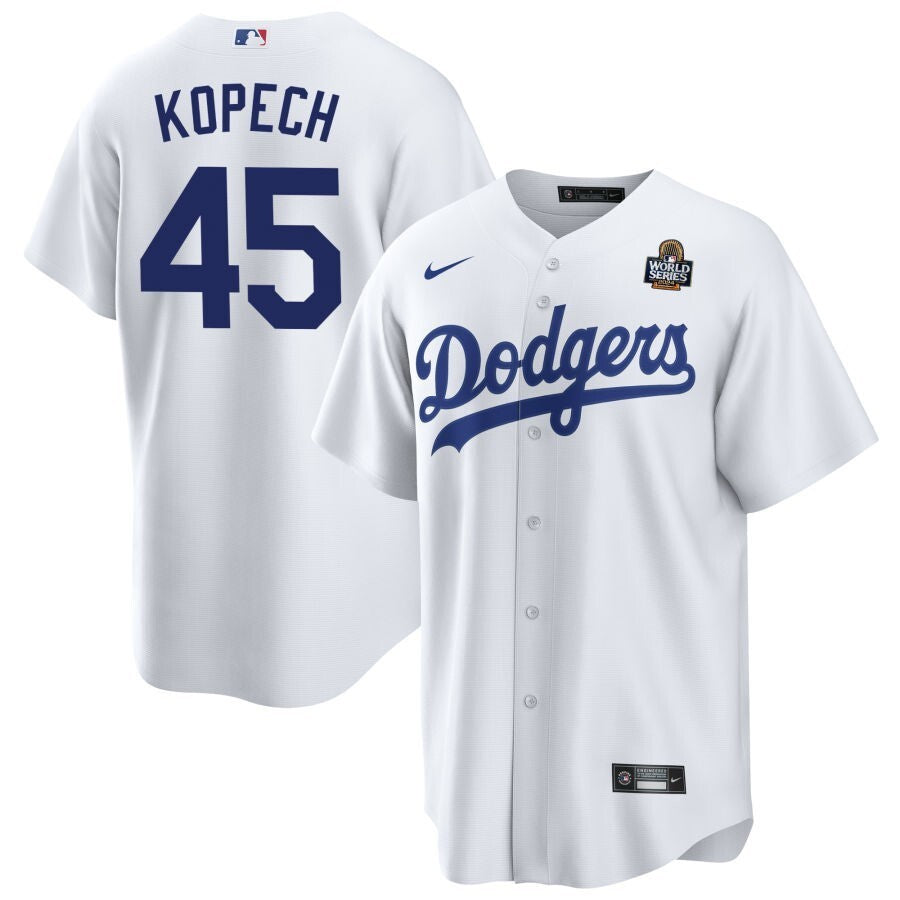 Los Angeles Dodgers #45 Michael Kopech 2024 World Series Home Jersey - White Baseball Jersey baseball jersey product view 1