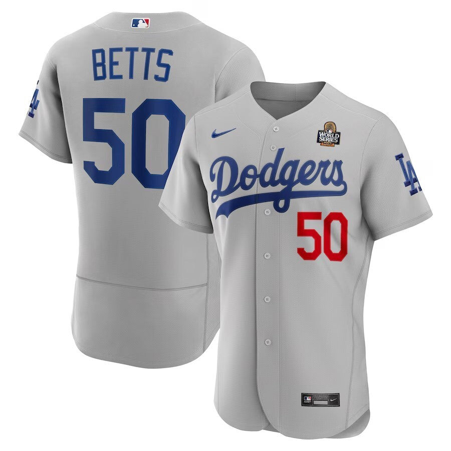 Los Angeles Dodgers #50 Mookie Betts 2024 World Series Alternate Authentic Player Jersey - Gray baseball jersey product view 1