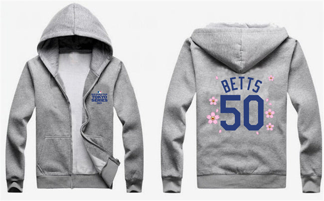 Los Angeles Dodgers #50 Mookie Betts Gray 2025 Tokyo Series Full-Zip Hoodie Baseball Jersey baseball jersey product view 1