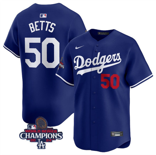 Los Angeles Dodgers #50 Mookie Betts Royal 2024 World Series Champions Alternate Baseball Jersey baseball jersey product view 1