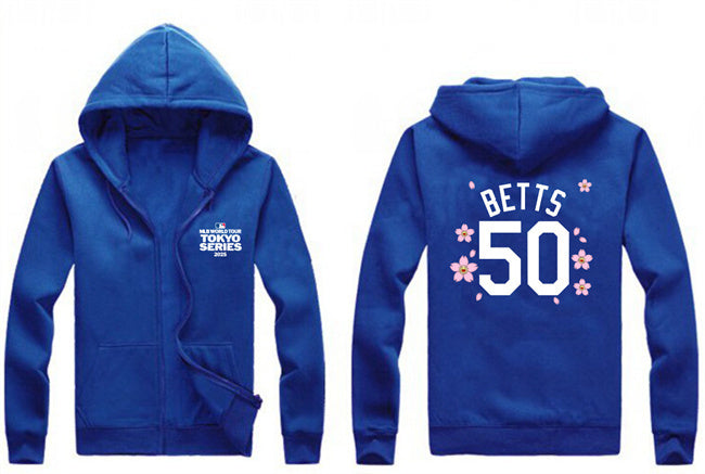 Los Angeles Dodgers #50 Mookie Betts Royal 2025 Tokyo Series Full-Zip Hoodie Baseball Jersey baseball jersey product view 1