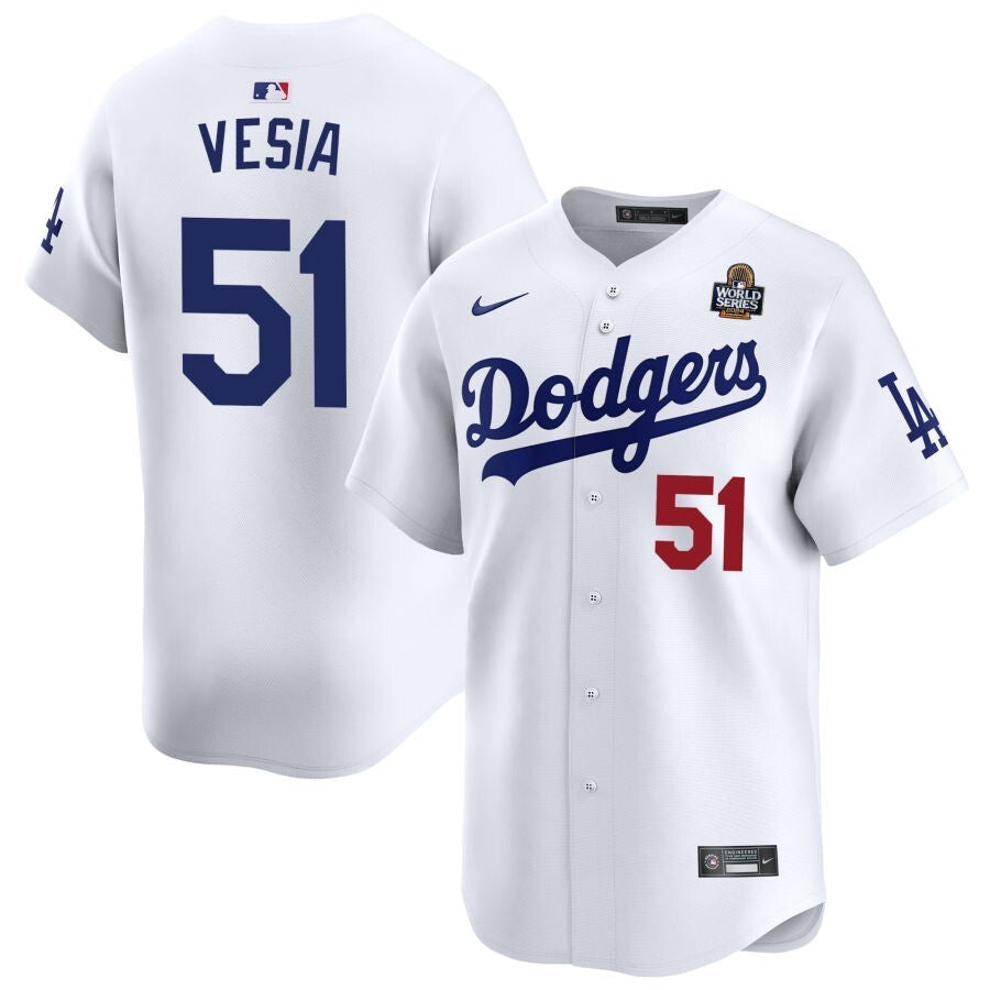 Los Angeles Dodgers #51 Alex Vesia 2024 World Series Home Limited Jersey - White Baseball Jersey baseball jersey product view 1