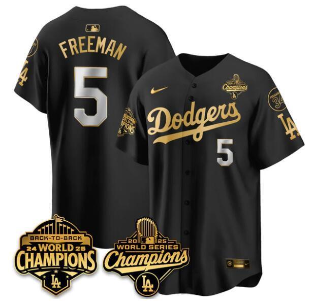 Los Angeles Dodgers #5 Freddie Freeman Black Gold 2025 World Series Champions Baseball Jersey baseball jersey product view 1