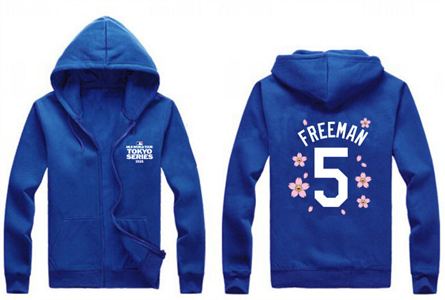 Los Angeles Dodgers #5 Freddie Freeman Royal 2025 Tokyo Series Full-Zip Hoodie Baseball Jersey baseball jersey product view 1
