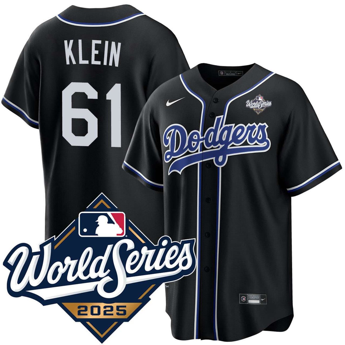 Los Angeles Dodgers #61 Will Klein Black Lights Out 2025 World Series Jersey Baseball Jersey baseball jersey product view 1