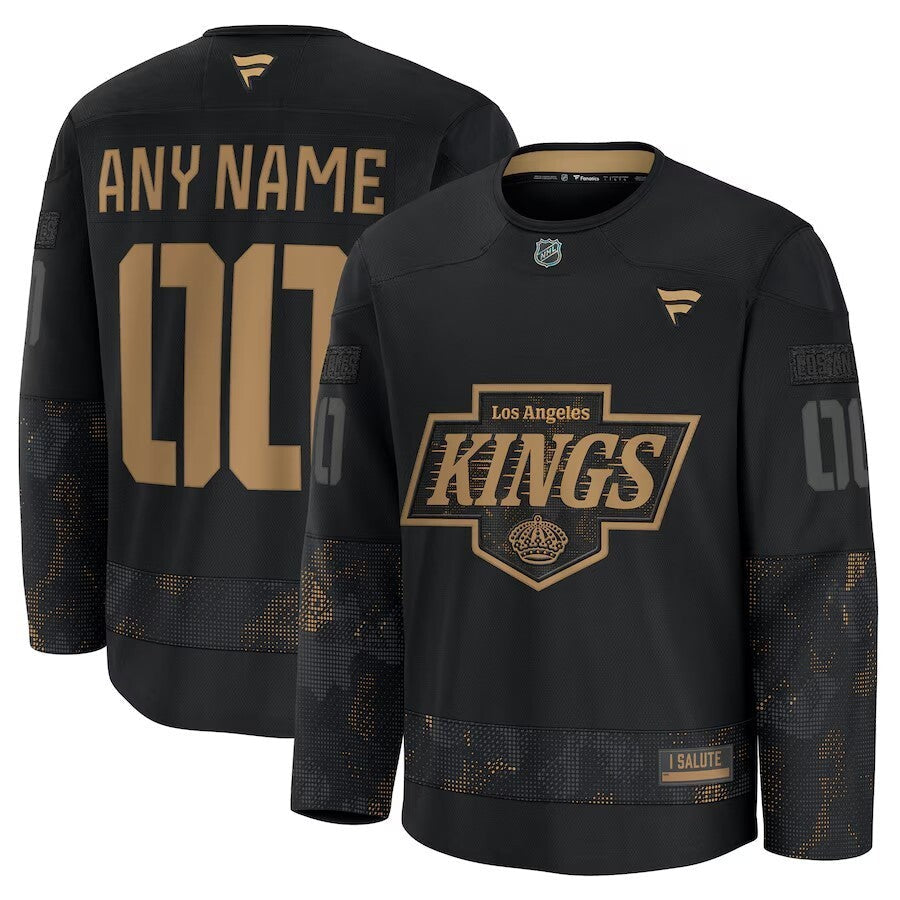 Los Angeles Kings 2024 Military Appreciation Personalized Long Sleeve Practice Jersey - Black hockey jersey product view 1