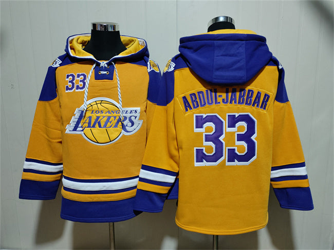 Los Angeles Lakers #33 Kareem Abdul-Jabbar Yellow Lace-Up Pullover Hoodie Basketball Jersey basketball jersey product view 1