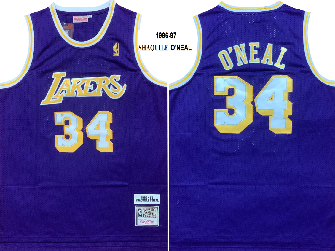 Los Angeles Lakers #34 Shaquille ONeal Lakers O'Neal Purple Gold Logo 1996-97 Classic Jersey basketball jersey product view 1
