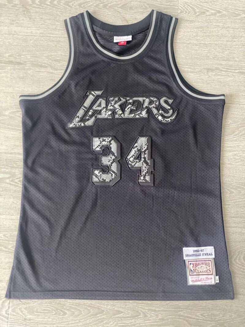 Los Angeles Lakers #34 Shaquille O'Neal 1996-97 Leather Snakeskin Lakers 34 # O'Neal Black Embroidered Style 1 basketball jersey product view 1