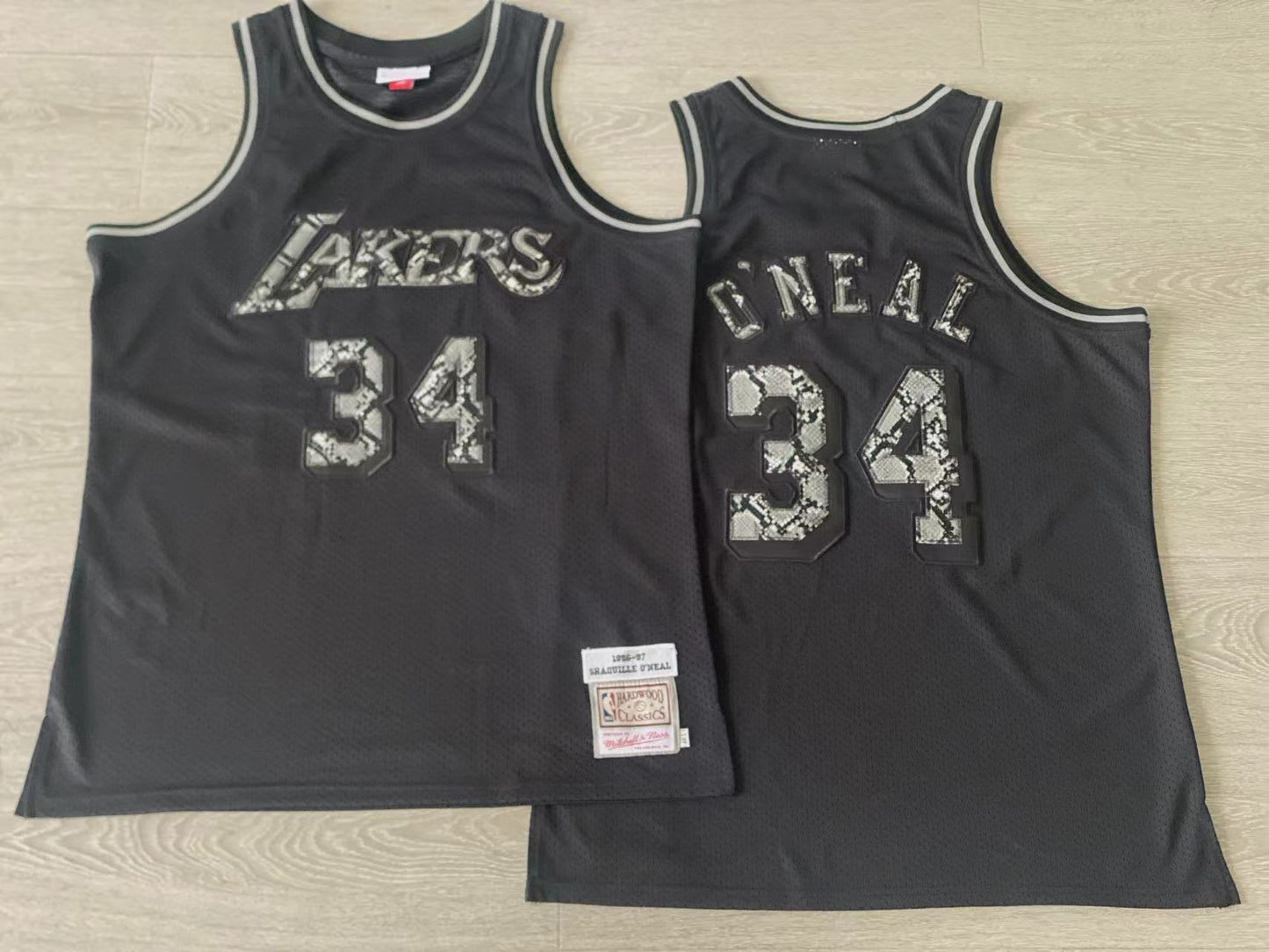 Los Angeles Lakers #34 Shaquille O'Neal 1996-97 Leather Snakeskin Lakers 34 # O'Neal Black Embroidered Style 3 basketball jersey product view 1
