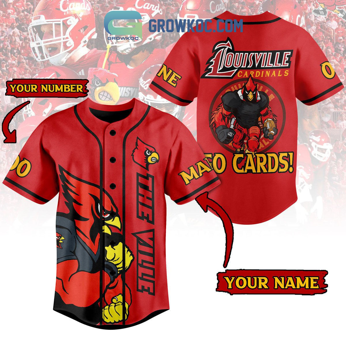 Louisville Cardinals The Ville Go Cards Personalized Baseball Jersey baseball jersey product view 1