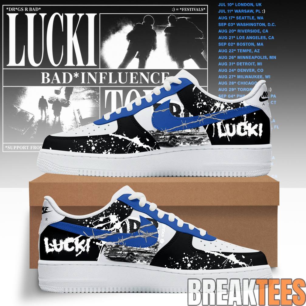 Lucki Bad Influence Tour 2026 Deep Blue Barbed Air Force 1 Shoes Unisex T-shirt, Sweatshirt, Hoodie, Long Sleeve Tee - T-Shirt, Sweatshirt, Hoodie